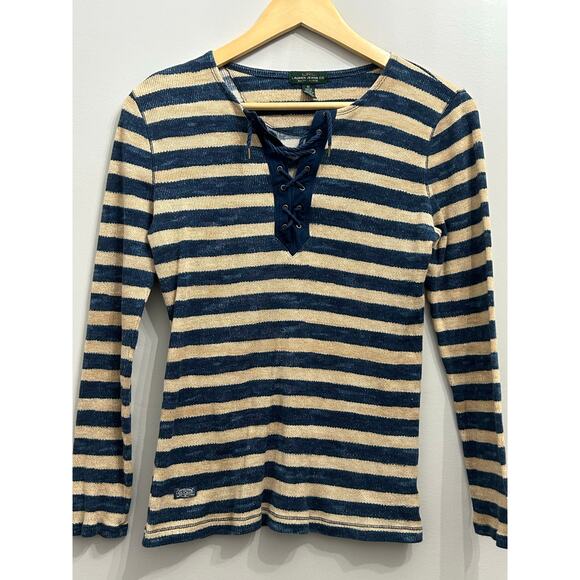 Vintage Lauren Ralph Lauren Striped Lace Up Knit Top Long Sleeve Preppy Y2K - Picture 1 of 6